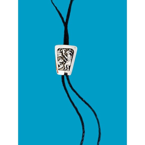 Sterling Silver Bolo Tie Handmade Native American Artisan Hopi Overlay  Signed - Picture 1 of 3